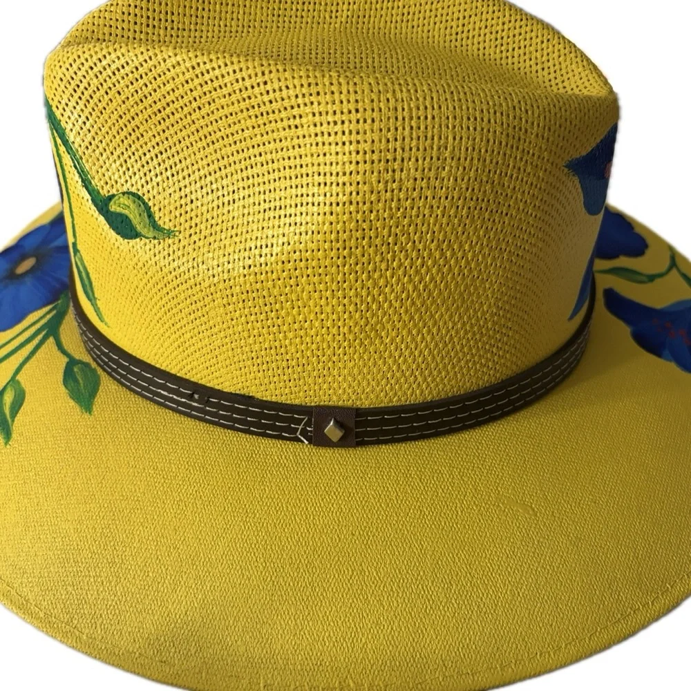 Mexican Hand Painted Yellow and Blue Floral Hat - Picture 4 of 7